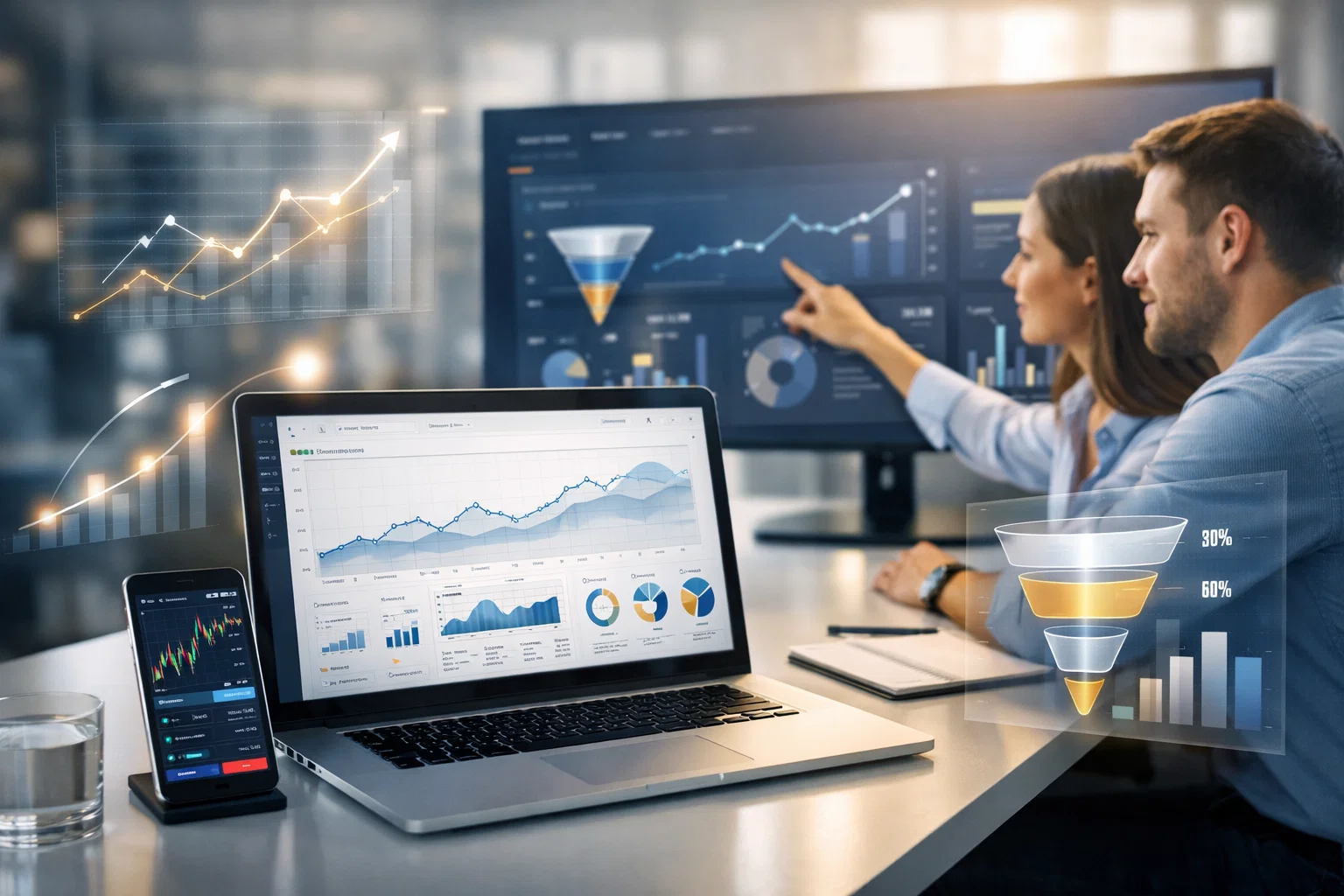 Forex broker SEO organic growth dashboard with traffic trends conversion funnel and performance analytics.